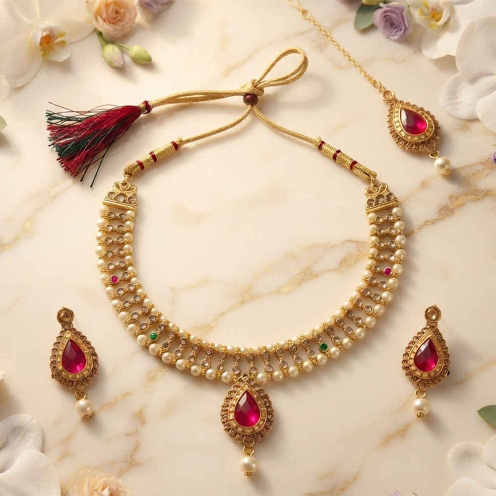 The99Jewel Graceful Gold Plated Crystal & Pearl Necklace with Mangtikka for Women & Girls