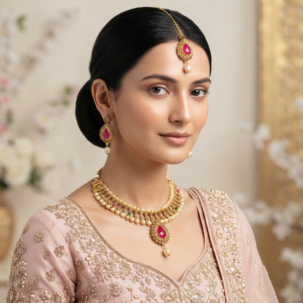 The99Jewel Graceful Gold Plated Crystal & Pearl Necklace with Mangtikka for Women & Girls