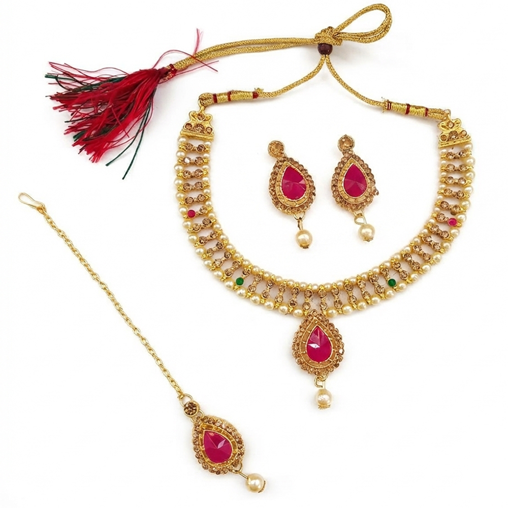 The99Jewel Graceful Gold Plated Crystal & Pearl Necklace with Mangtikka for Women & Girls