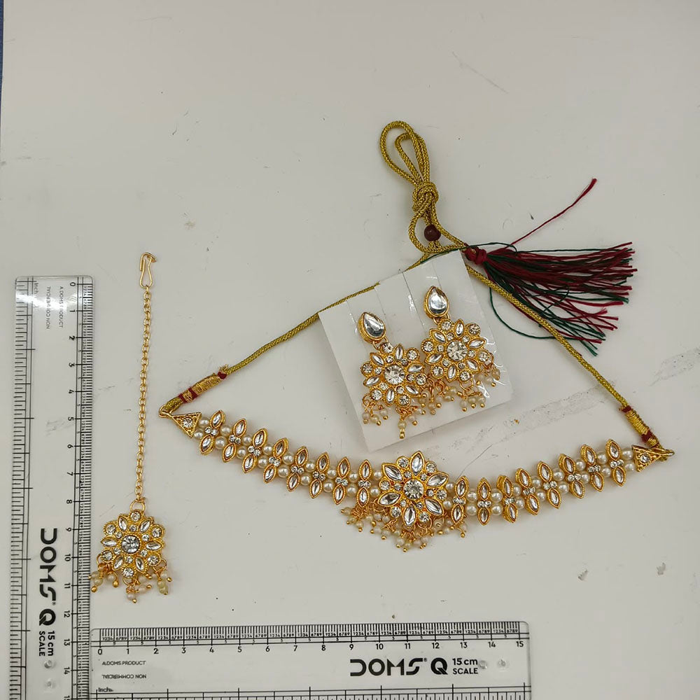 The99Jewel Graceful Gold Plated Crystal & Pearl Necklace with Mangtikka for Women & Girls