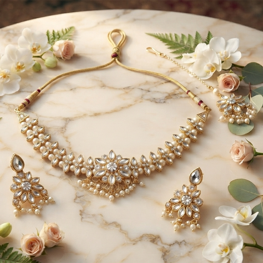 The99Jewel Graceful Gold Plated Crystal & Pearl Necklace with Mangtikka for Women & Girls