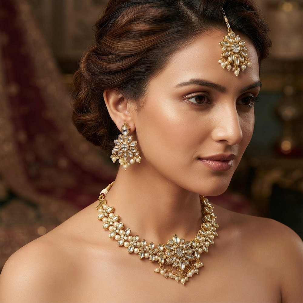 The99Jewel Graceful Gold Plated Crystal & Pearl Necklace with Mangtikka for Women & Girls