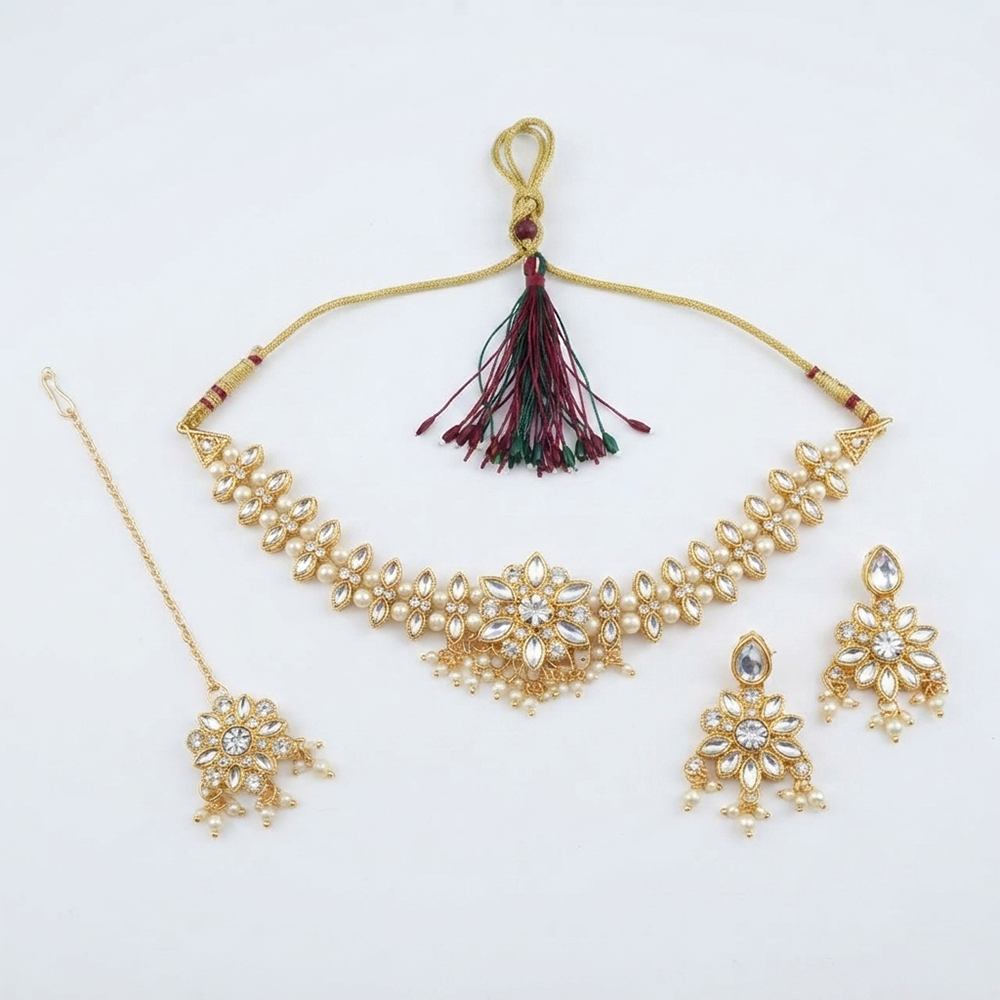 The99Jewel Graceful Gold Plated Crystal & Pearl Necklace with Mangtikka for Women & Girls