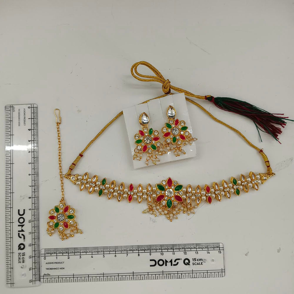 The99Jewel Graceful Gold Plated Crystal & Pearl Necklace with Mangtikka for Women & Girls
