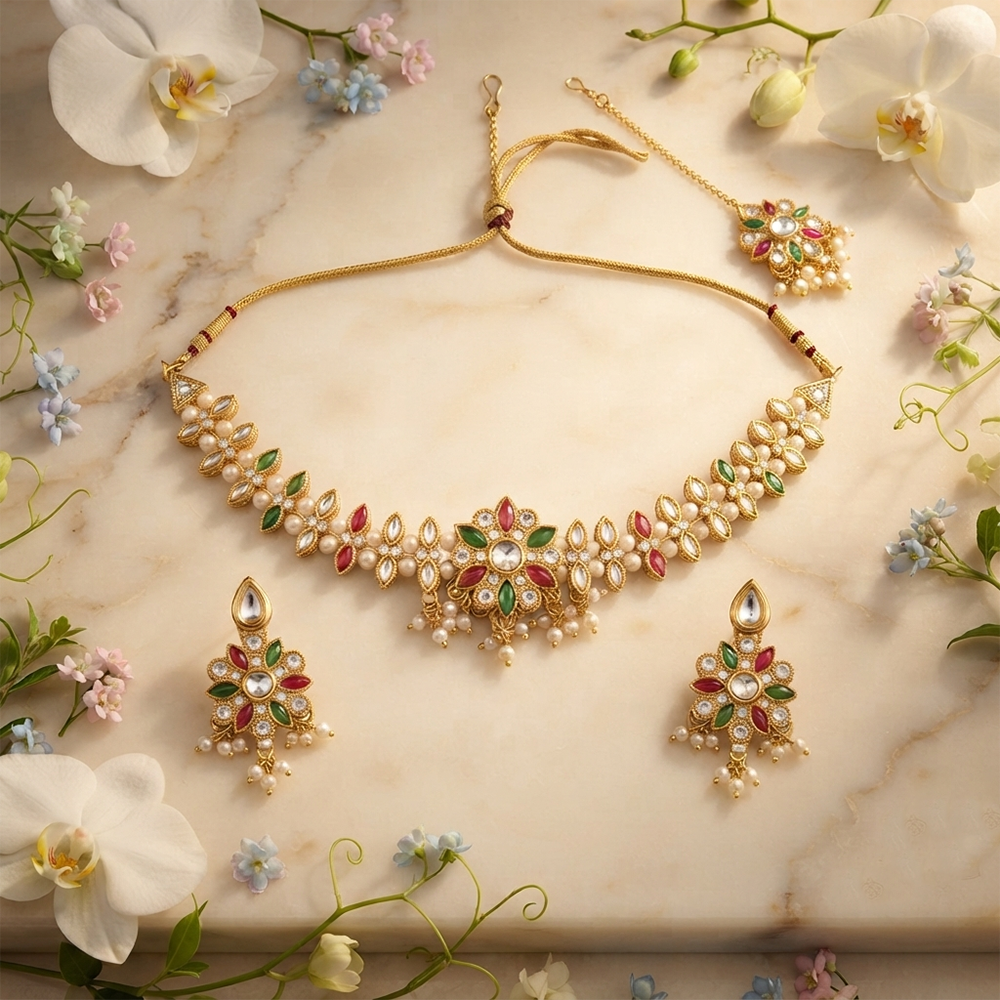The99Jewel Graceful Gold Plated Crystal & Pearl Necklace with Mangtikka for Women & Girls