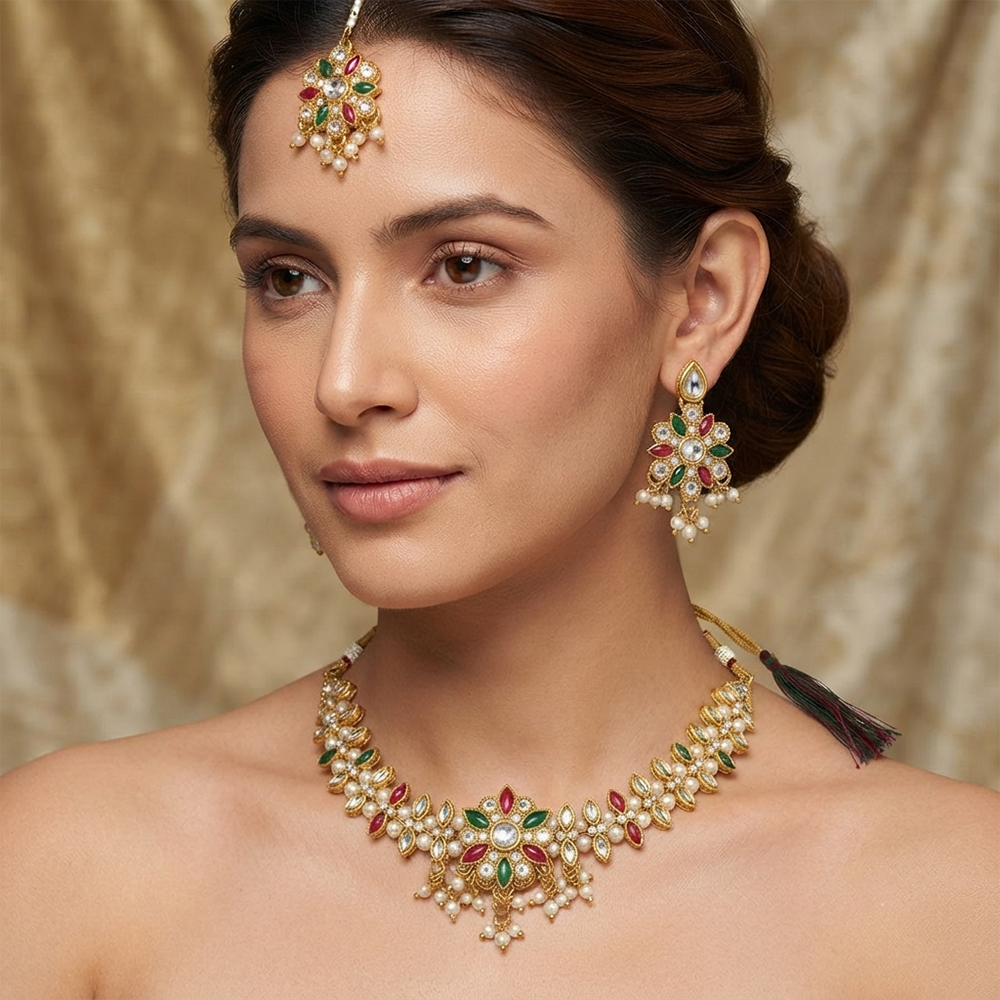 The99Jewel Graceful Gold Plated Crystal & Pearl Necklace with Mangtikka for Women & Girls