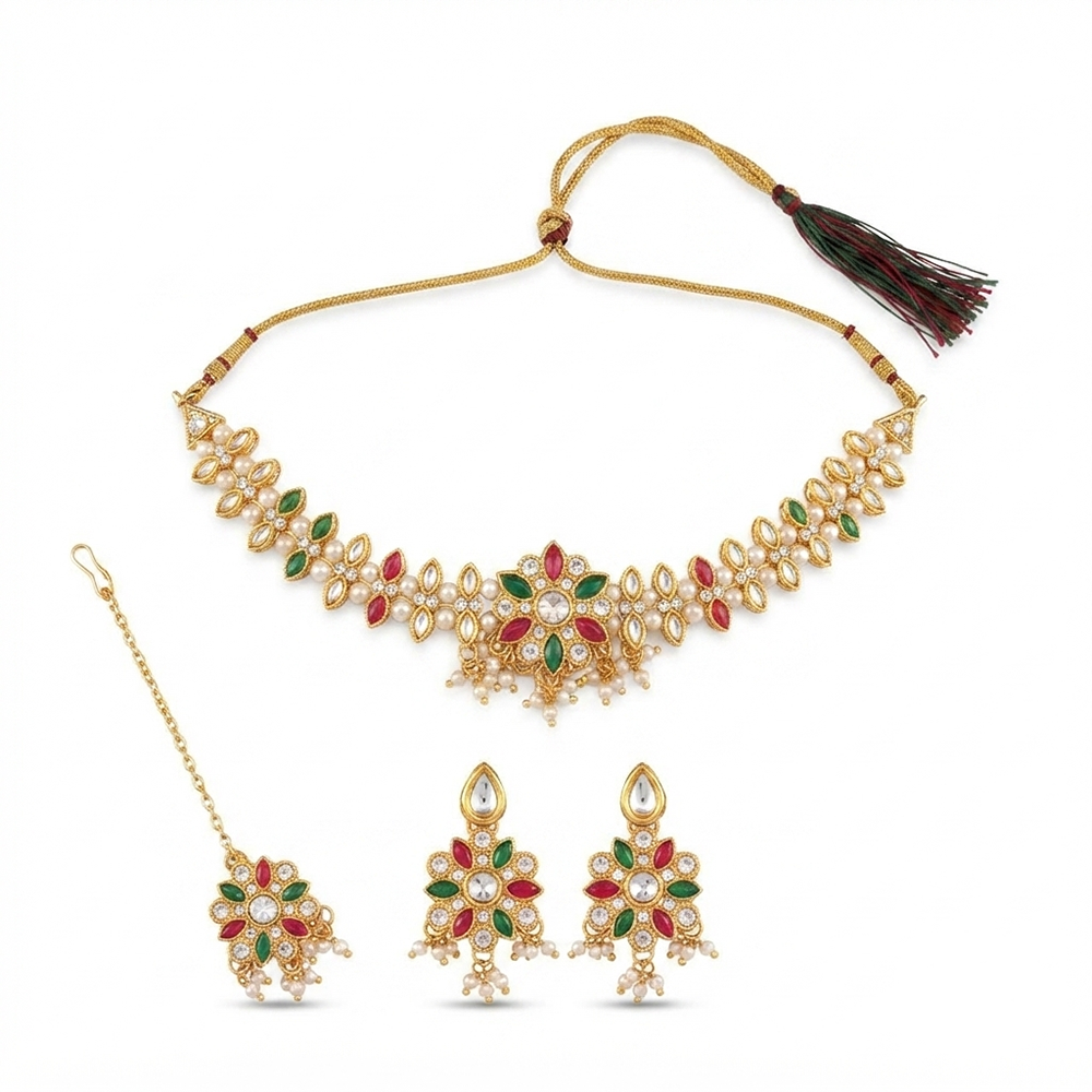 The99Jewel Graceful Gold Plated Crystal & Pearl Necklace with Mangtikka for Women & Girls