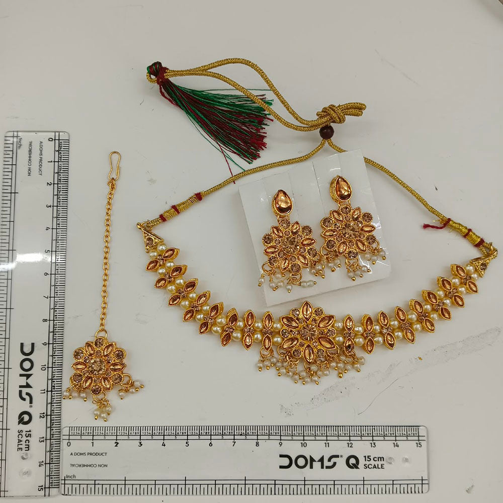 The99Jewel Graceful Gold Plated Crystal & Pearl Necklace with Mangtikka for Women & Girls