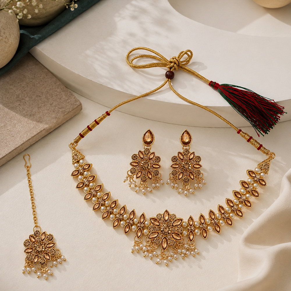 The99Jewel Graceful Gold Plated Crystal & Pearl Necklace with Mangtikka for Women & Girls