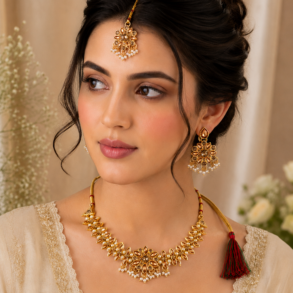 The99Jewel Graceful Gold Plated Crystal & Pearl Necklace with Mangtikka for Women & Girls