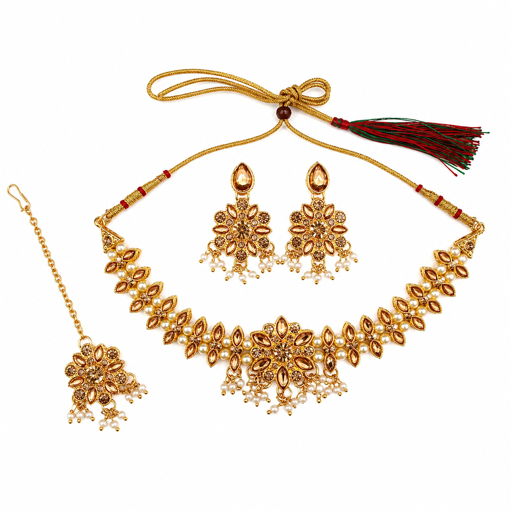 The99Jewel Graceful Gold Plated Crystal & Pearl Necklace with Mangtikka for Women & Girls