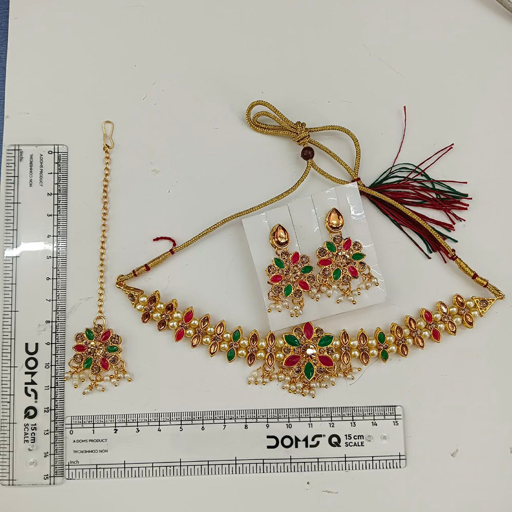 The99Jewel Graceful Gold Plated Crystal & Pearl Necklace with Mangtikka for Women & Girls