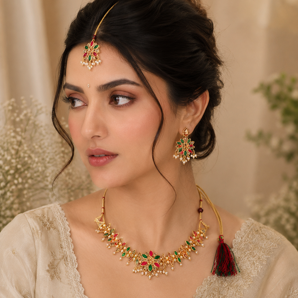 The99Jewel Graceful Gold Plated Crystal & Pearl Necklace with Mangtikka for Women & Girls