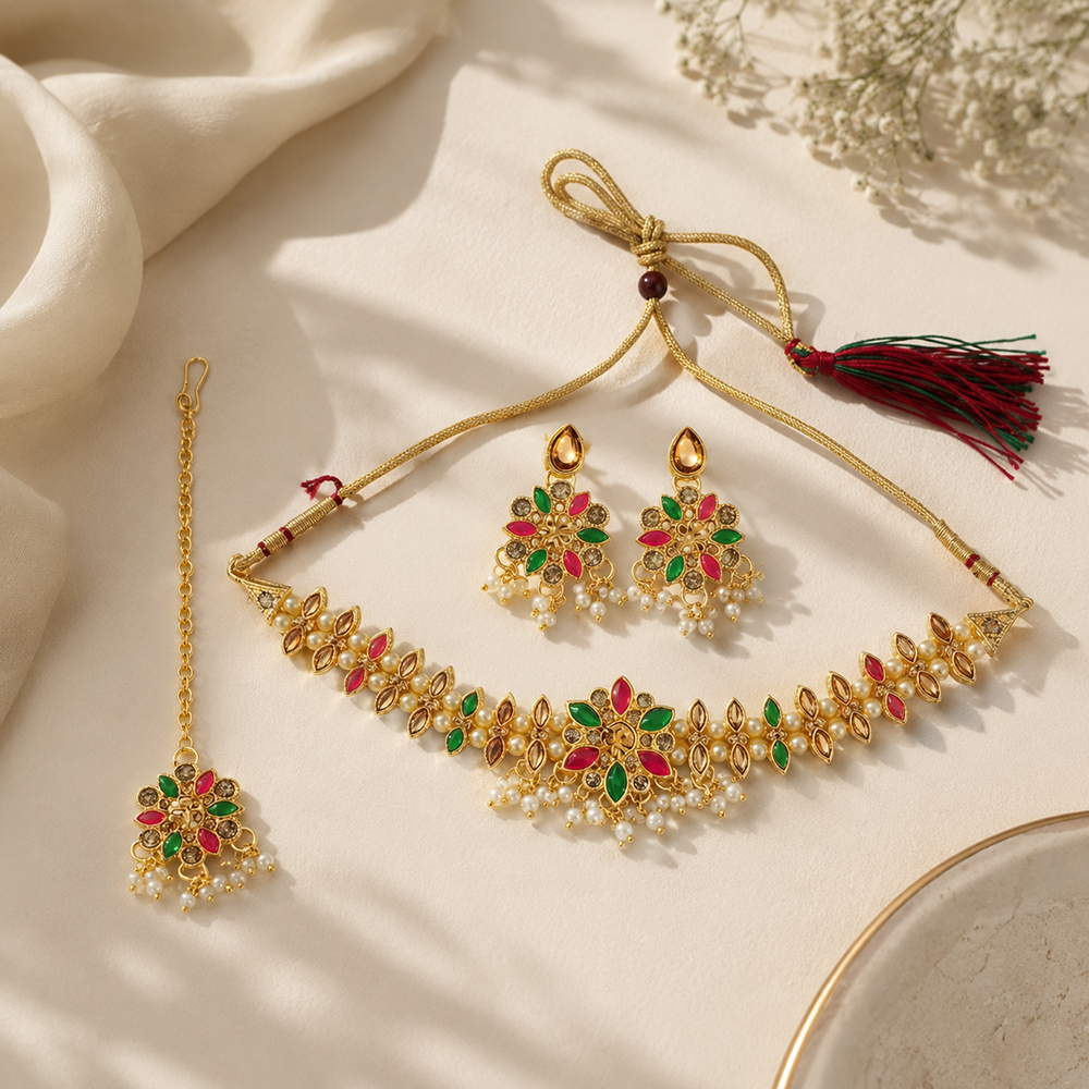 The99Jewel Graceful Gold Plated Crystal & Pearl Necklace with Mangtikka for Women & Girls