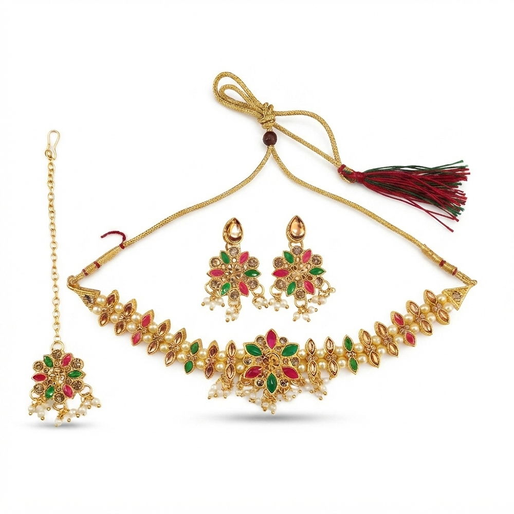 The99Jewel Graceful Gold Plated Crystal & Pearl Necklace with Mangtikka for Women & Girls