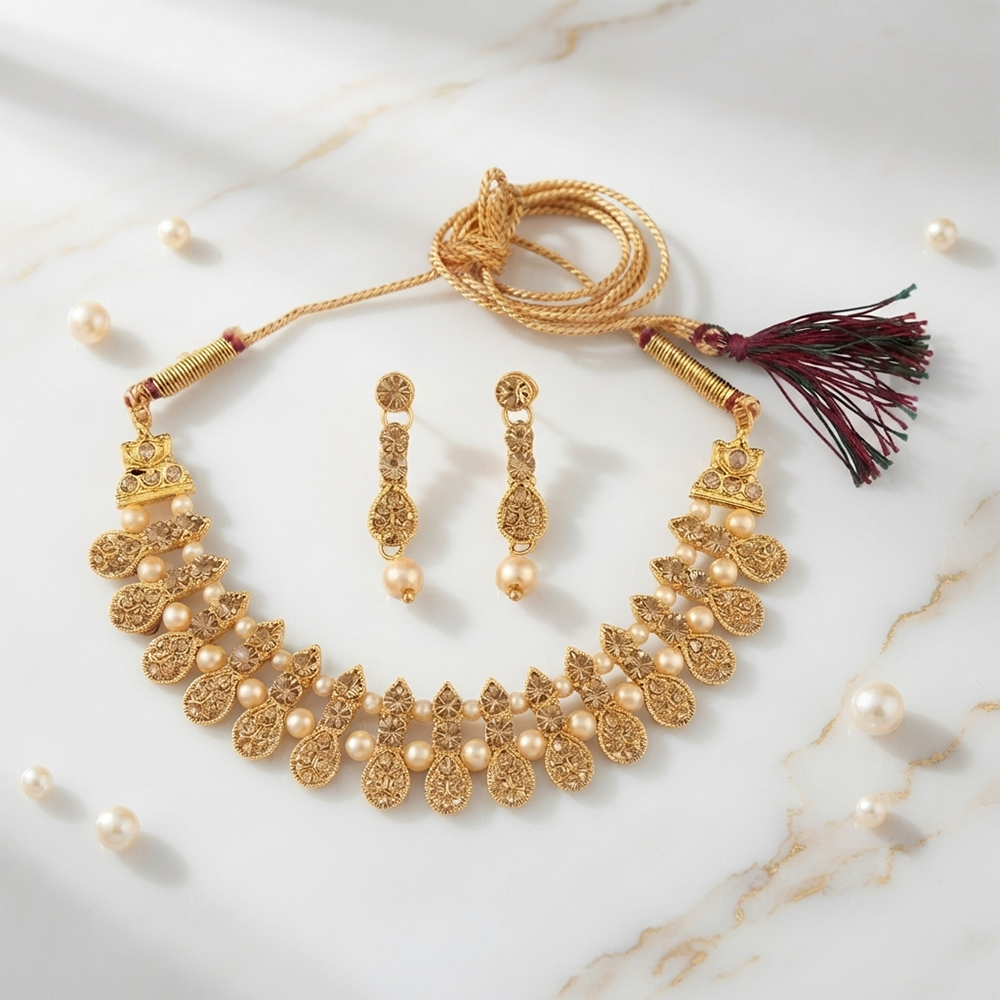 The99Jewel Gold Plated Pearl & Crystal Necklace Set for Women Traditional Jewellery 