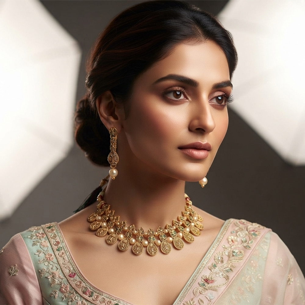 The99Jewel Gold Plated Pearl & Crystal Necklace Set for Women Traditional Jewellery