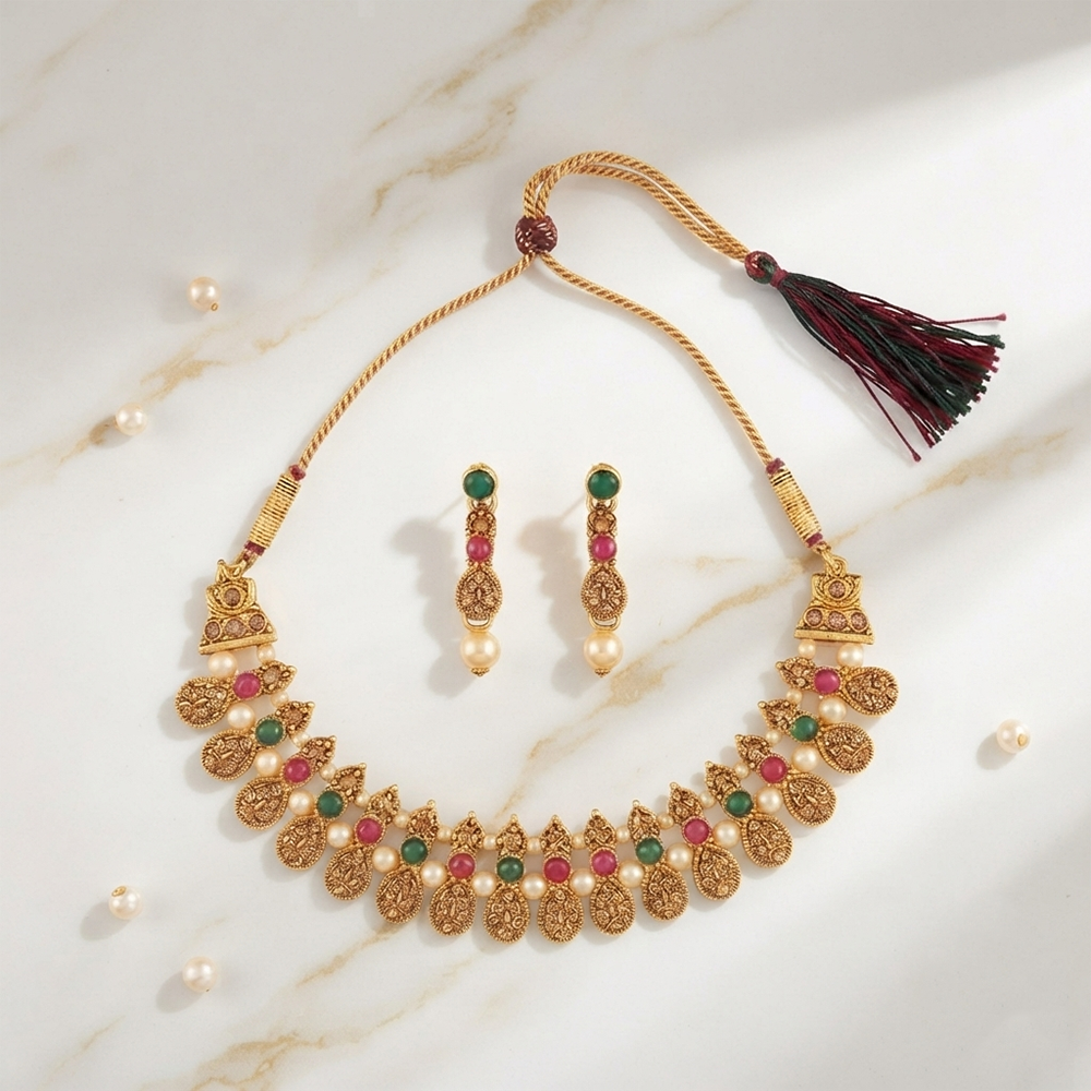 The99Jewel Gold Plated Pearl & Crystal Necklace Set for Women Traditional Jewellery