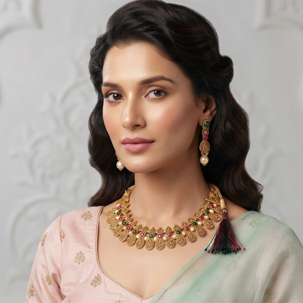 The99Jewel Gold Plated Pearl & Crystal Necklace Set for Women Traditional Jewellery 