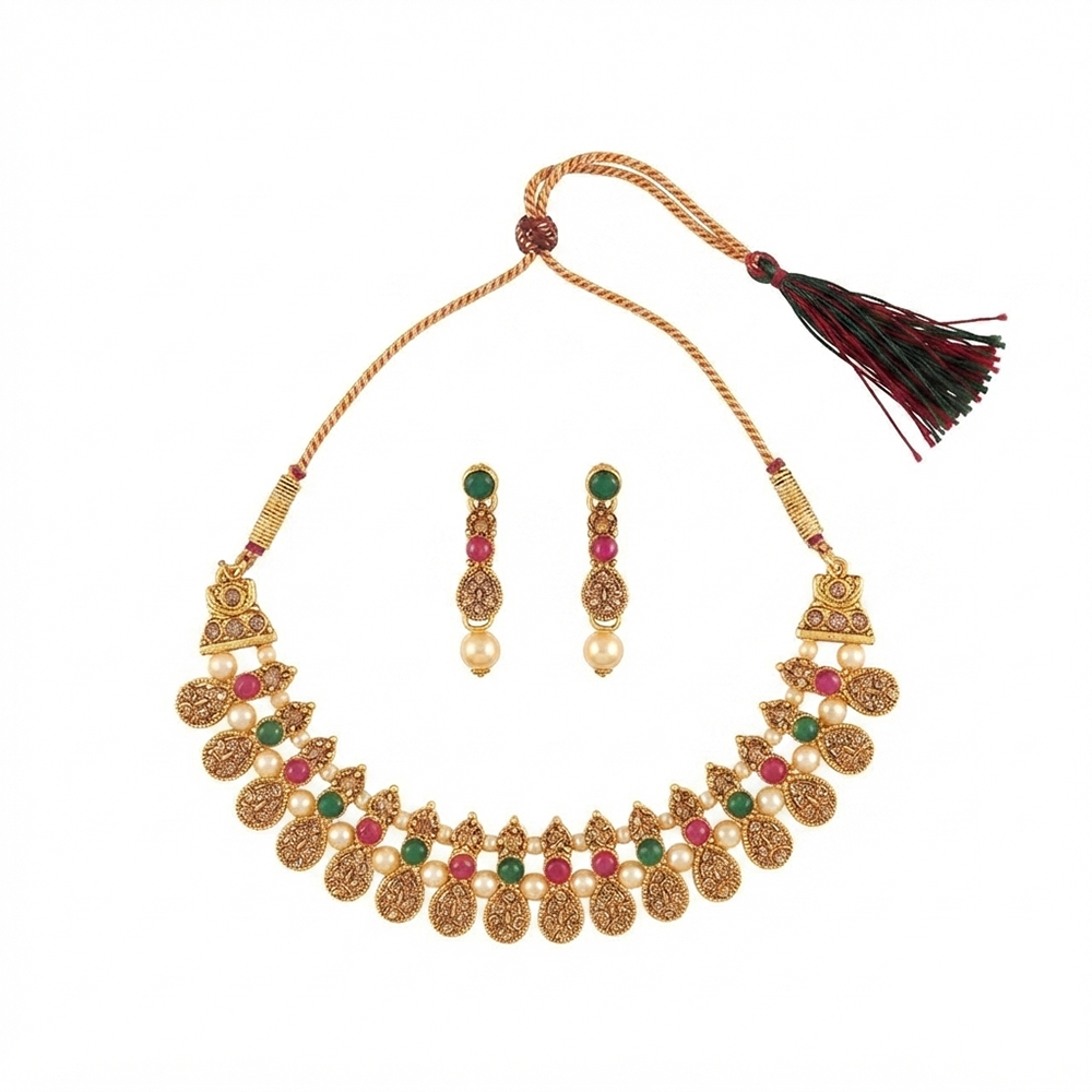 The99Jewel Gold Plated Pearl & Crystal Necklace Set for Women Traditional Jewellery