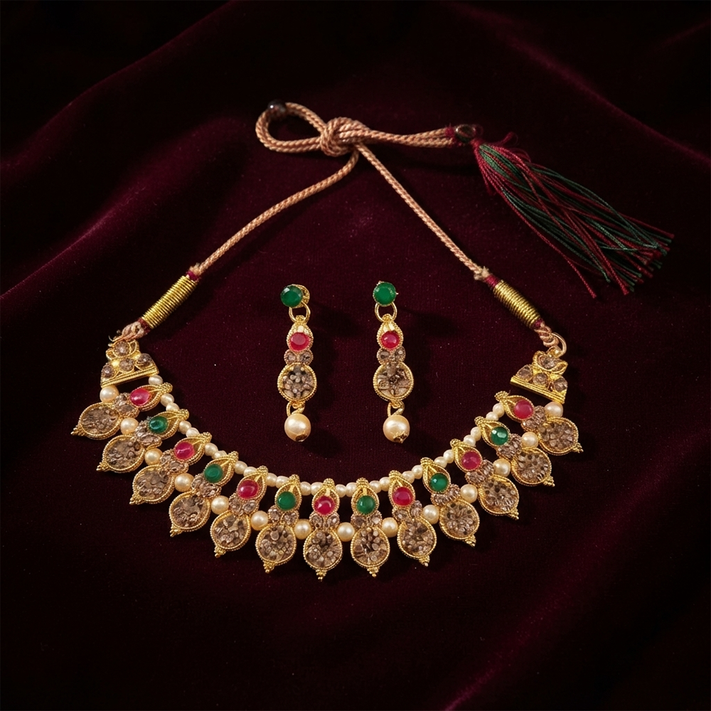 The99Jewel Gold Plated Pearl & Crystal Necklace Set for Women Traditional Jewellery 