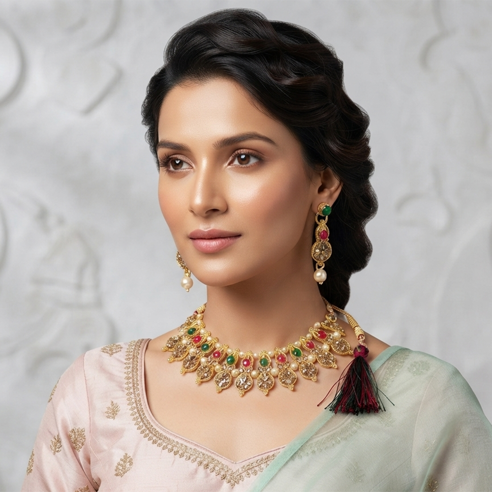 The99Jewel Gold Plated Pearl & Crystal Necklace Set for Women Traditional Jewellery