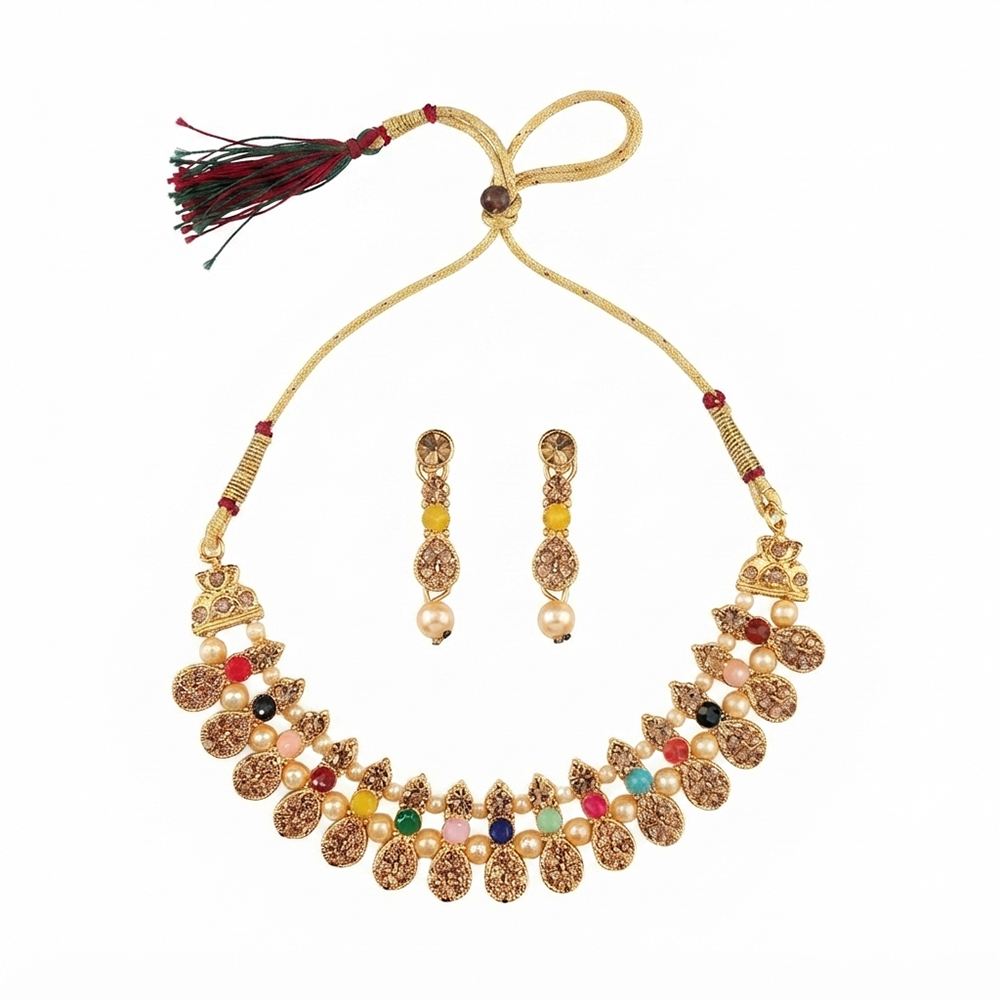 The99Jewel Gold Plated Pearl & Crystal Necklace Set for Women Traditional Jewellery