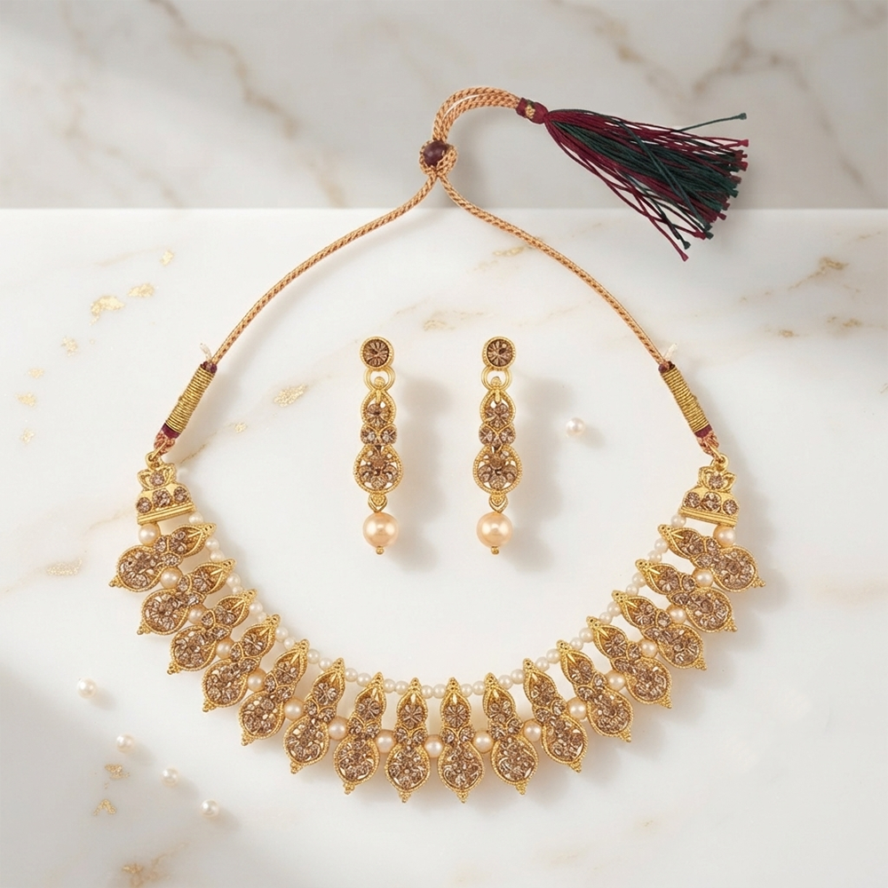 The99Jewel Gold Plated Pearl & Crystal Necklace Set for Women Traditional Jewellery 