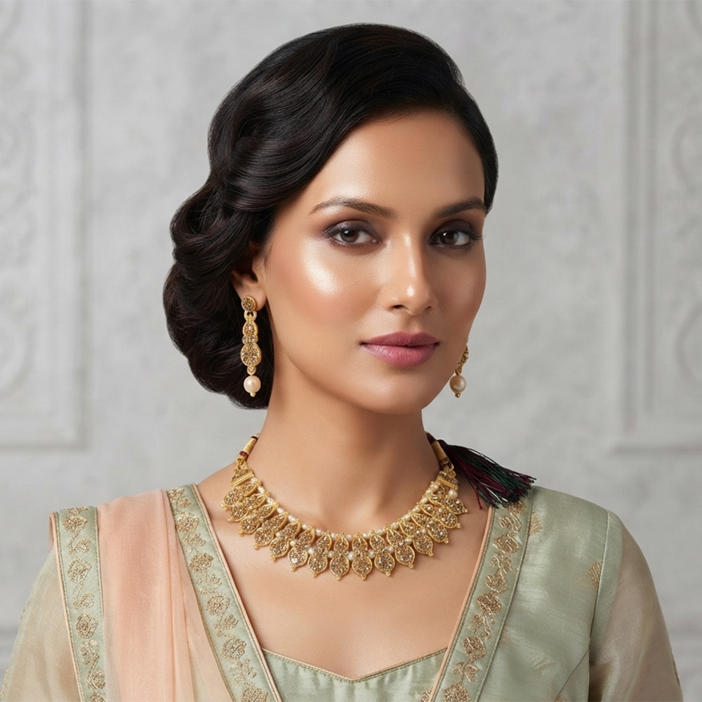 The99Jewel Gold Plated Pearl & Crystal Necklace Set for Women Traditional Jewellery