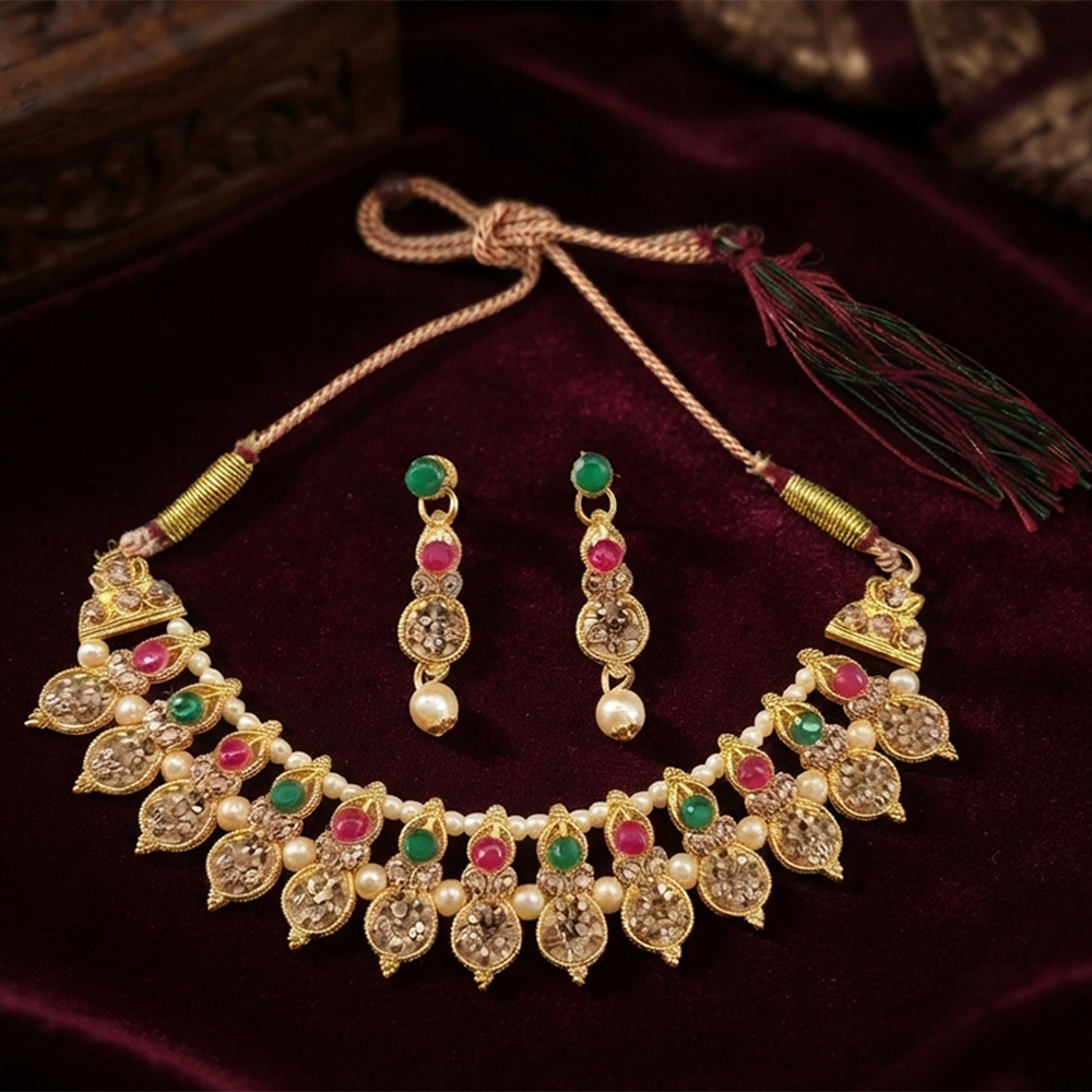The99Jewel Gold Plated Pearl & Crystal Necklace Set for Women Traditional Jewellery 