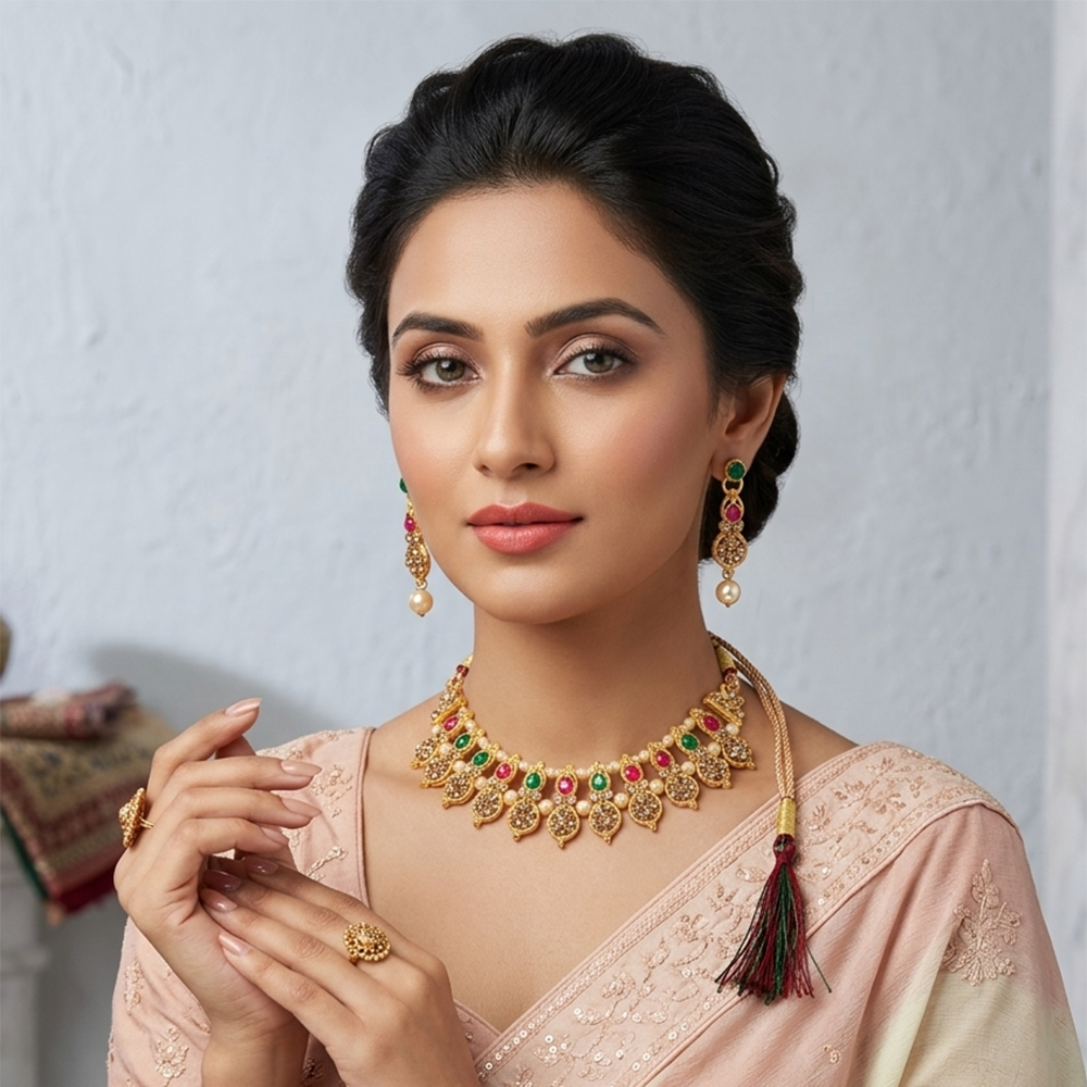 The99Jewel Gold Plated Pearl & Crystal Necklace Set for Women Traditional Jewellery