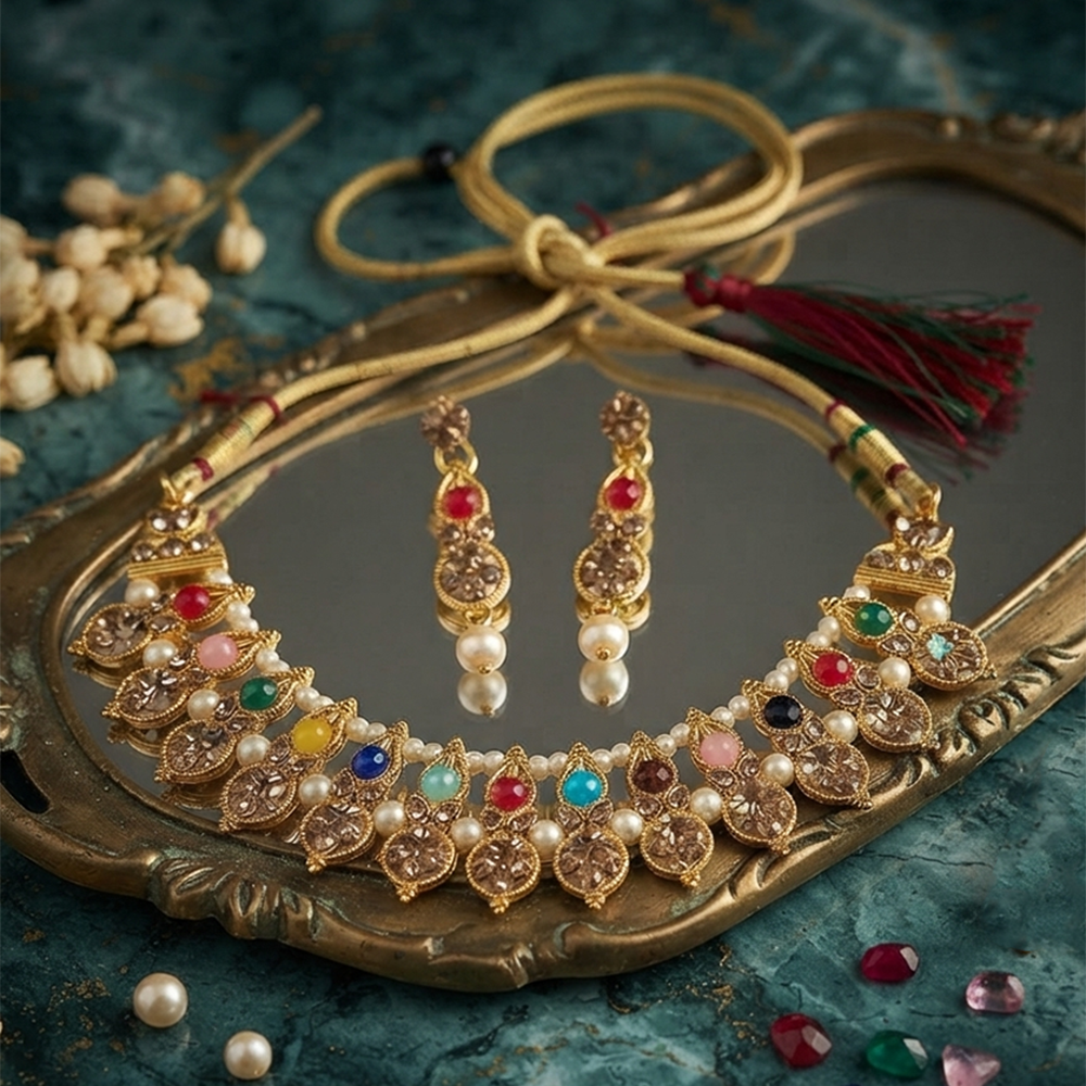 The99Jewel Gold Plated Pearl & Crystal Necklace Set for Women Traditional Jewellery