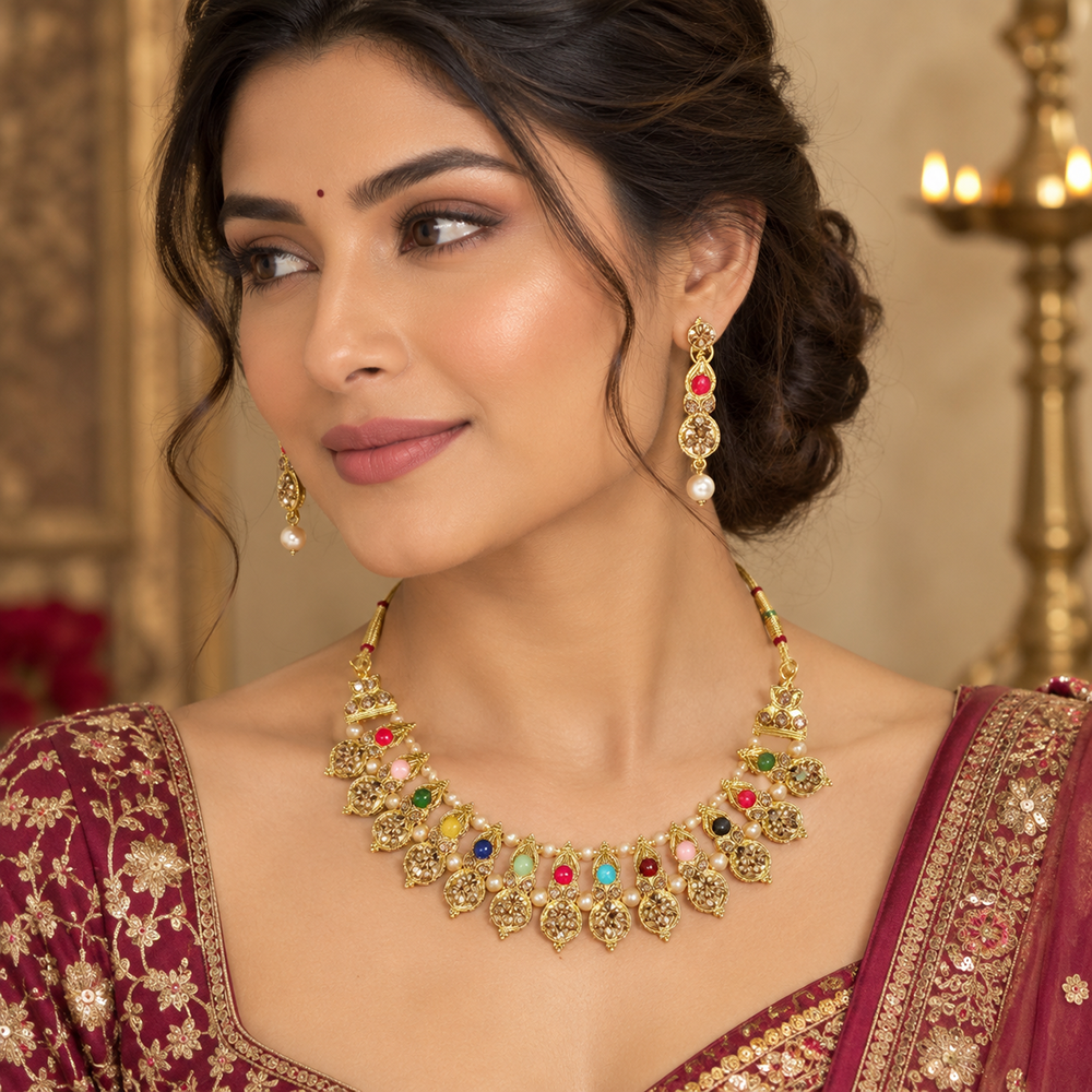 The99Jewel Gold Plated Pearl & Crystal Necklace Set for Women Traditional Jewellery 