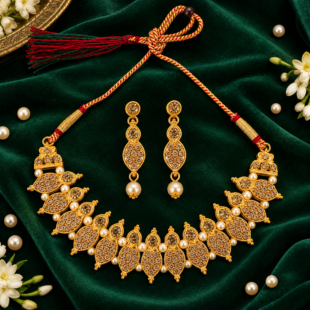 The99Jewel Gold Plated Pearl & Crystal Necklace Set for Women Traditional Jewellery