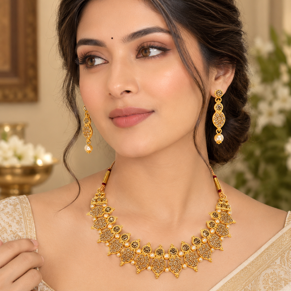 The99Jewel Gold Plated Pearl & Crystal Necklace Set for Women Traditional Jewellery 