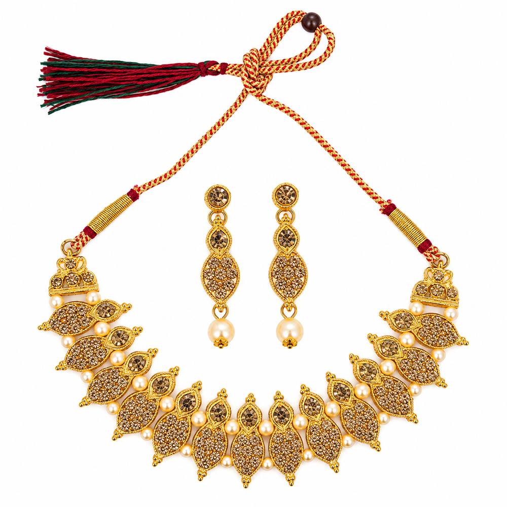 The99Jewel Gold Plated Pearl & Crystal Necklace Set for Women Traditional Jewellery
