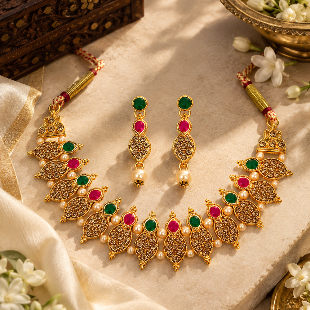 The99Jewel Gold Plated Pearl & Crystal Necklace Set for Women Traditional Jewellery 