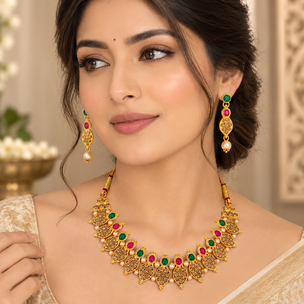 The99Jewel Gold Plated Pearl & Crystal Necklace Set for Women Traditional Jewellery