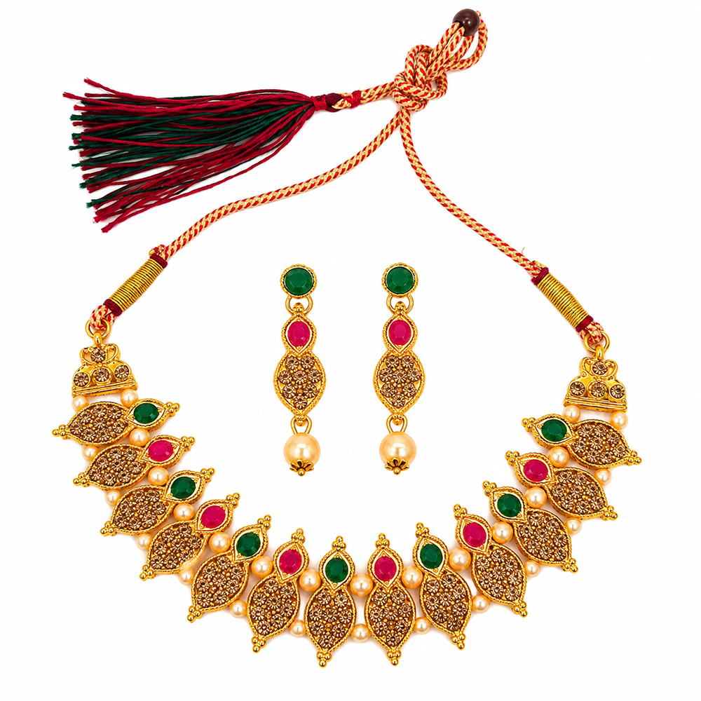 The99Jewel Gold Plated Pearl & Crystal Necklace Set for Women Traditional Jewellery