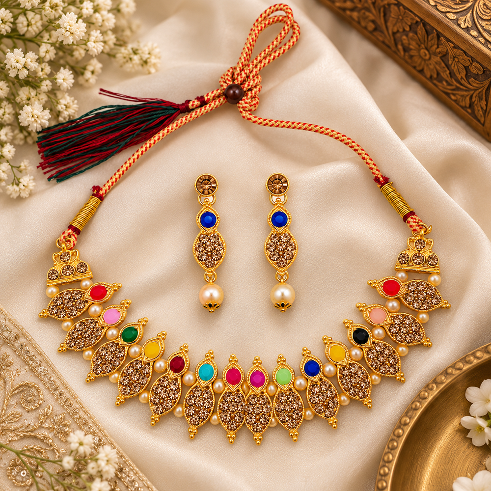The99Jewel Gold Plated Pearl & Crystal Necklace Set for Women Traditional Jewellery 