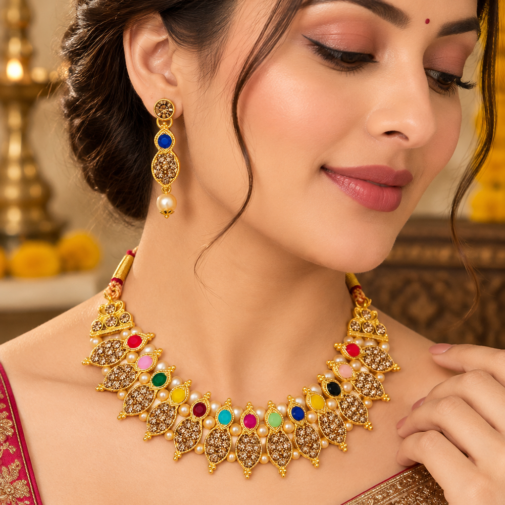 The99Jewel Gold Plated Pearl & Crystal Necklace Set for Women Traditional Jewellery