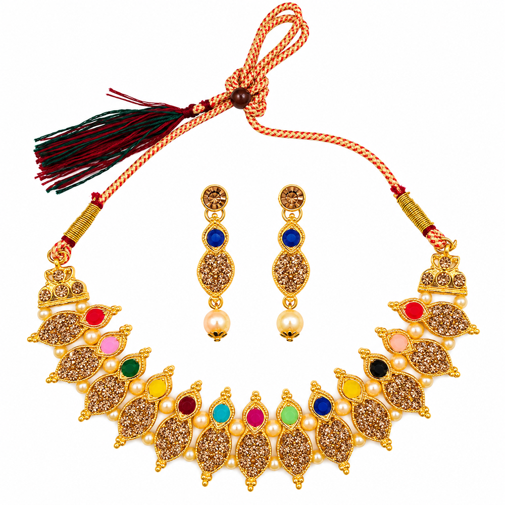 The99Jewel Gold Plated Pearl & Crystal Necklace Set for Women Traditional Jewellery