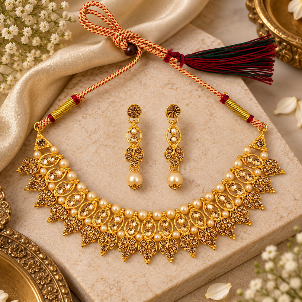 The99Jewel Gold Plated Pearl & Crystal Necklace Set for Women Traditional Jewellery 