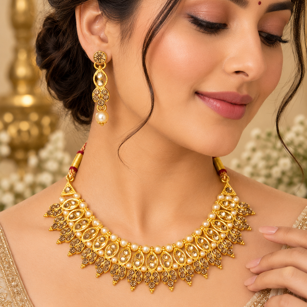 The99Jewel Gold Plated Pearl & Crystal Necklace Set for Women Traditional Jewellery