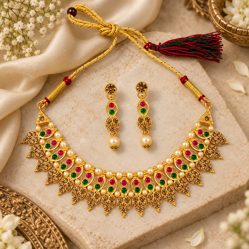 The99Jewel Gold Plated Pearl & Crystal Necklace Set for Women Traditional Jewellery 