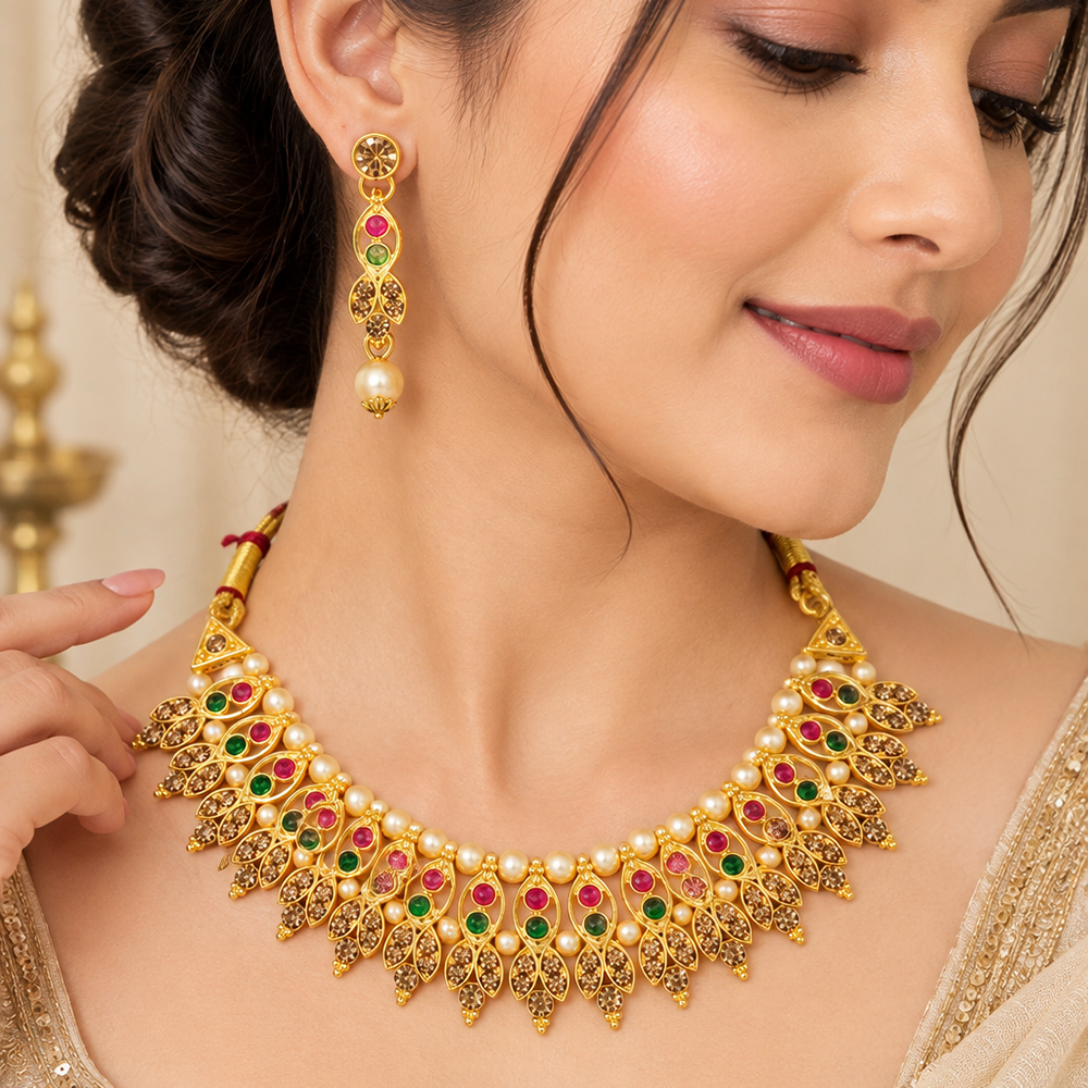 The99Jewel Gold Plated Pearl & Crystal Necklace Set for Women Traditional Jewellery