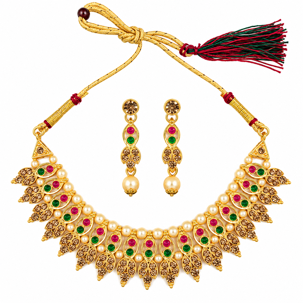 The99Jewel Gold Plated Pearl & Crystal Necklace Set for Women Traditional Jewellery