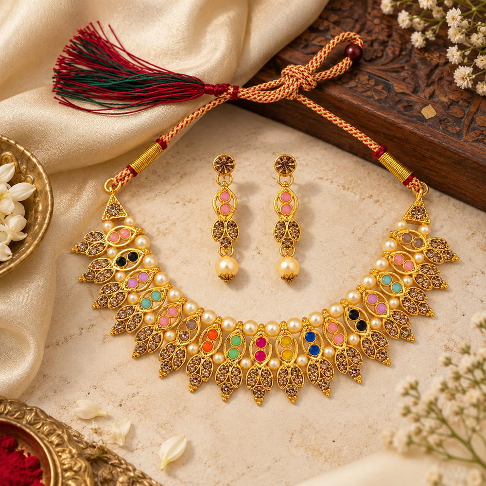 The99Jewel Gold Plated Pearl & Crystal Necklace Set for Women Traditional Jewellery 