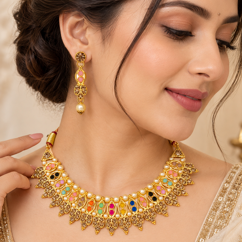 The99Jewel Gold Plated Pearl & Crystal Necklace Set for Women Traditional Jewellery