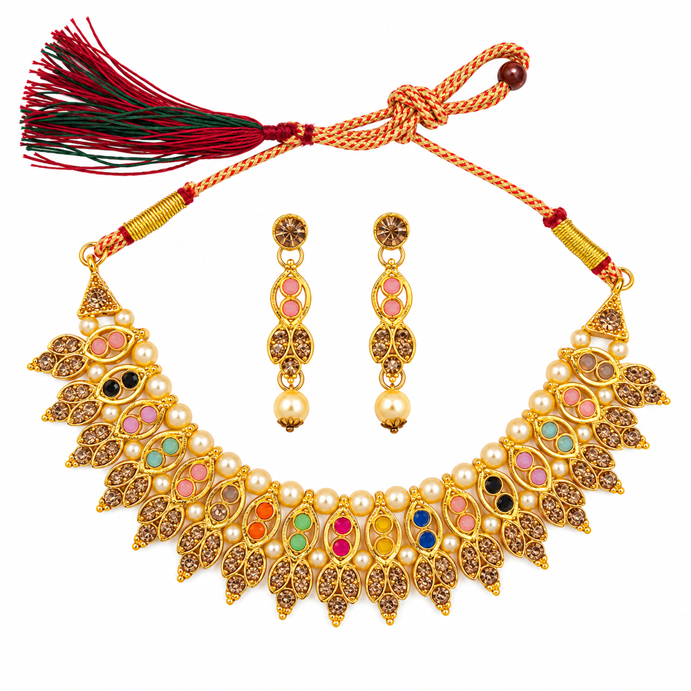 The99Jewel Gold Plated Pearl & Crystal Necklace Set for Women Traditional Jewellery